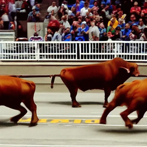 Prompt: bulls on parade, angry, chaotic, fast moving, dynamic