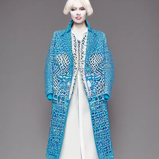 Image similar to fashion 2 0 5 0 fantastic openwork long coat with intricate pattern on a beautiful symmetrical girl with blue hair, hyper realistic photos
