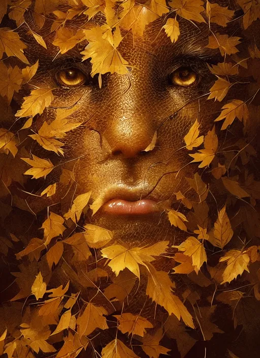 Prompt: golden leaves at frame border, creative!!! composition for a book cover, absurdly beautiful, ultrafine hyperrealistic detailed animal face by wlop and artgerm and greg rutkowski, intricate linework, sharp focus, smooth, unreal engine, dramatic lighting, ethereal, 8 k