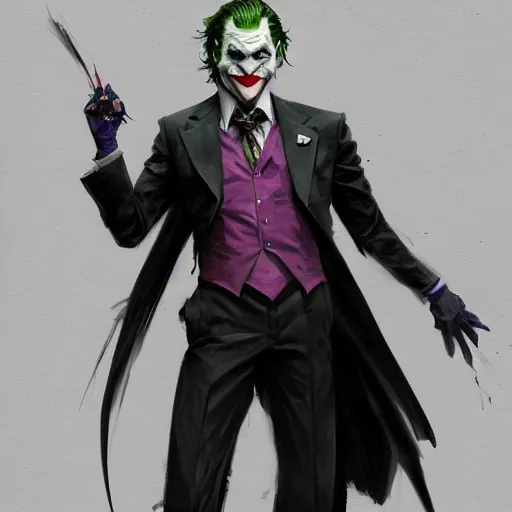 Image similar to joker sketch, full body, dynamic pose, painted by greg rutkowski