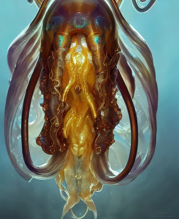 Image similar to intricate transparent portrait of a terrifying beautiful alien cuttlefish, horns, mottled coloring, adorable, childlike, anxiety environment, ultra realistic, concept art, art nouveau, photorealistic, octane render, 8 k, unreal engine. art by christopher marley and artgerm and greg rutkowski and alphonse mucha