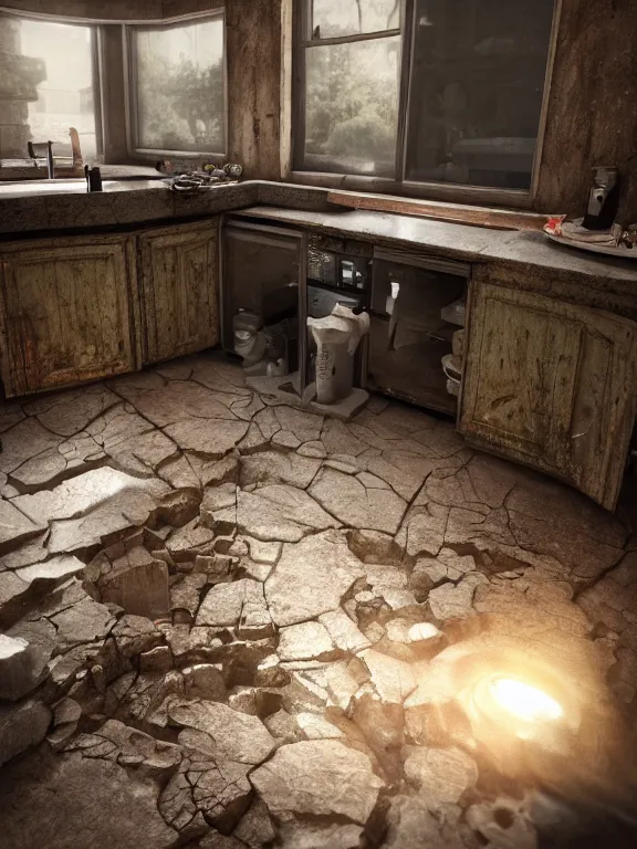 Image similar to sink hole in the kitchen, au naturel, hyper detailed, digital art, trending in artstation, cinematic lighting, studio quality, smooth render, unreal engine 5 rendered, octane rendered