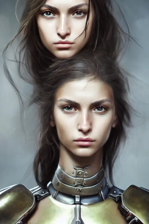 Image similar to a photorealistic painted portrait of an attractive young girl, partially clothed in dull metal-plated battle armor, olive skin, long dark hair, beautiful bone structure, symmetric facial features, perfect eyes, natural physique, intricate, elegant, digital painting, concept art, finely detailed, beautifully illustrated, sharp focus, minimal artifacts, photographic appearance, from Metal Gear, by Ruan Jia and Mandy Jurgens and Artgerm and William-Adolphe Bouguerea, in the style of Greg Rutkowski, trending on Artstation, award winning