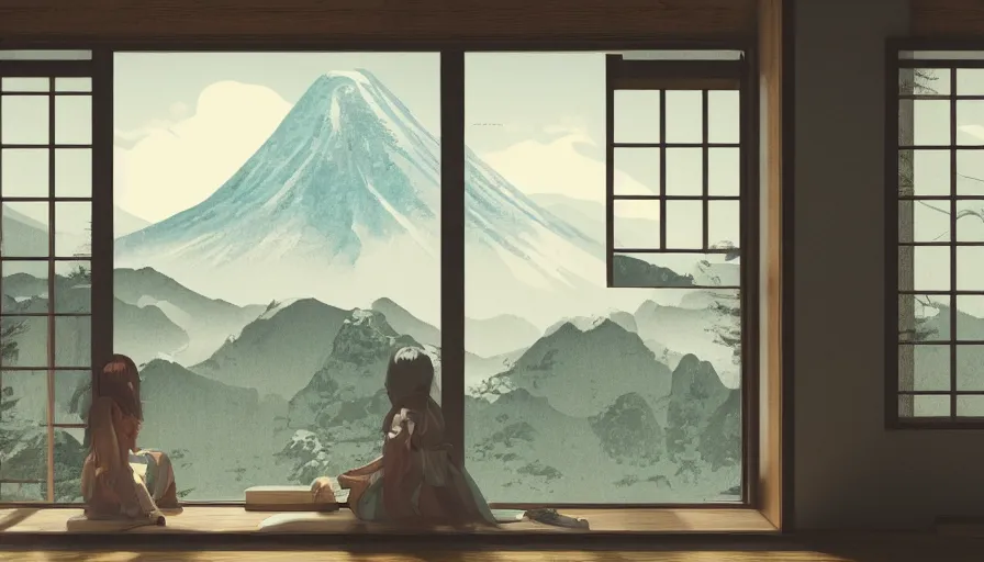 Prompt: woman on the floor looking mountains through windows in old japanese house built on mountains, hyperdetailed, artstation, cgsociety, 8 k