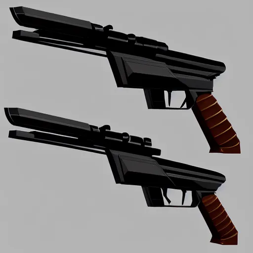 Image similar to 3 d model of double barrel shotgun, low poly toon shading, flat colors, low poly artstation