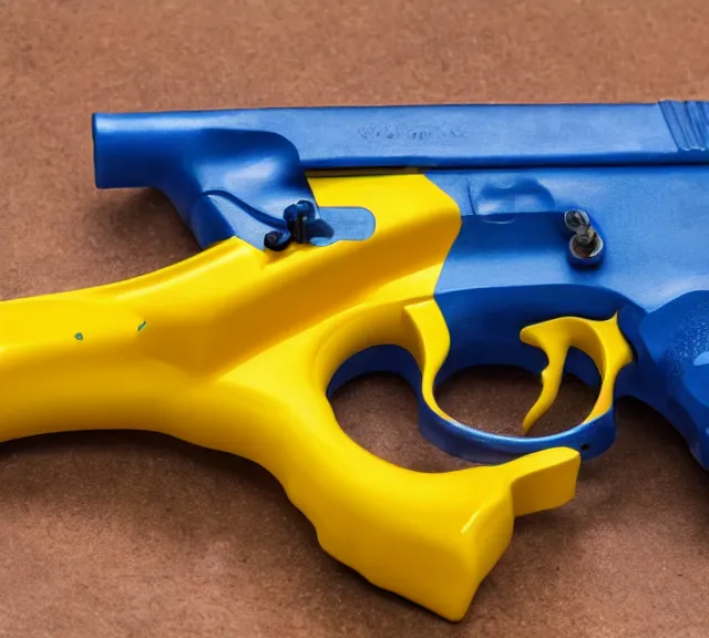 Prompt: a 4 k photorealistic photo full shot of a yellow and blue gun.