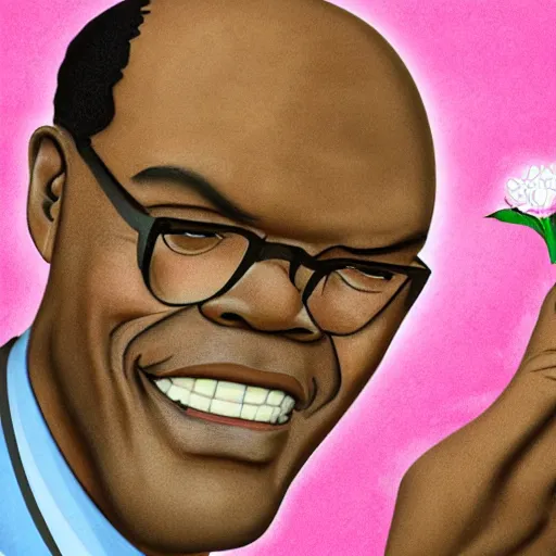 Image similar to a stylized cartoon of samuel l jackson with a pink flower in his hand