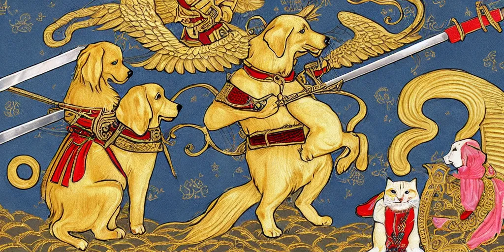 Prompt: full - length professional photo golden retriever in medieval armor with wings ana sword fighting with samurai cat in japanese samurai armor with catana