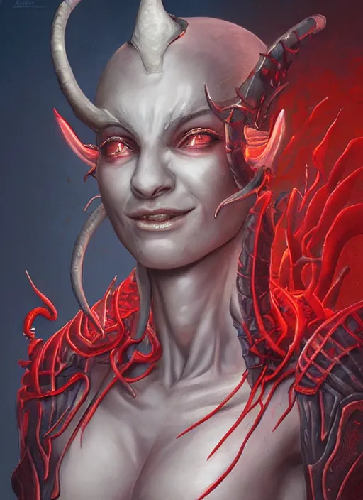 Image similar to a detailed full body portrait an athletic female tiefling smiling at the camera, rule of thirds, beautiful face, queen of blades, diablo 4 lilith, mutation, by yusuke murata, by hiroya oku, tom bagshaw, by dorian cleavenger, zdzisław beksinski, bastien lecouffe - deharme trending on artstation