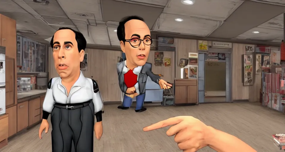 Image similar to Seinfeld as a PS3 first person shooter game, screenshot