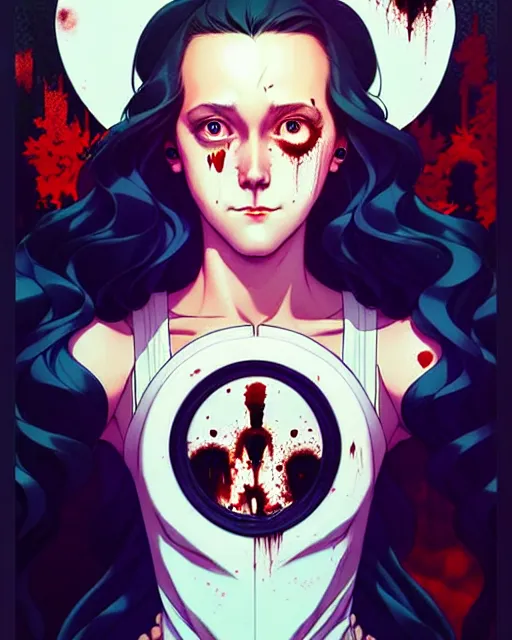 Image similar to artgerm, joshua middleton comic cover art, pretty serial killer maika monroe full body, creepy smiling, covered in blood, symmetrical eyes, symmetrical face, long curly brown hair, standing in front of an abandoned house background