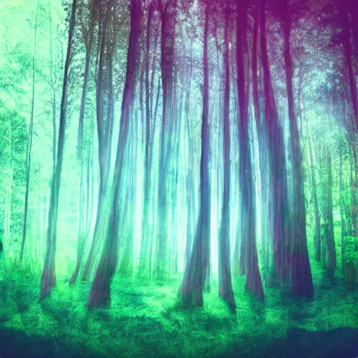 Image similar to polaroid style of a surreal artsy dream forest backdrop overlay, double exposure