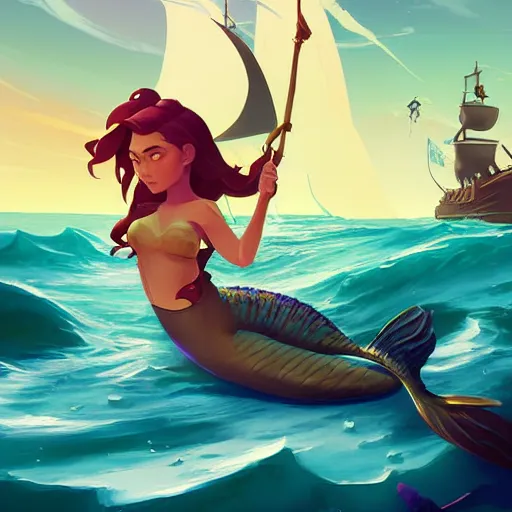 Image similar to painting mermaid treasure on sea of thieves game avatar hero smooth face median photoshop filter cutout vector, behance hd by jesper ejsing, by rhads, makoto shinkai and lois van baarle, ilya kuvshinov, rossdraws global illumination