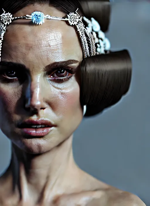 Prompt: 5 0 mm portrait of an absurdly beautiful, graceful, sophisticated, fashionable woman, natalie portman, popovy sisters, intricate jewellery, white porcelain skin, faberge, intricate chrome headdress, dark brooding atmosphere, unreal engine 5 highly rendered, global illumination, radiant light, detailed and intricate environment