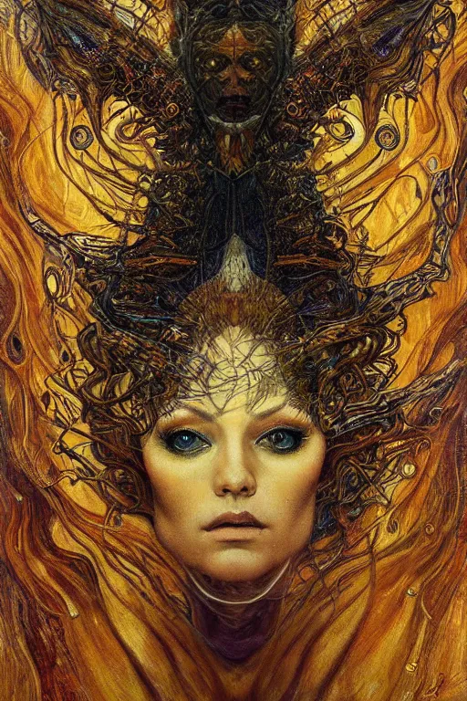 Prompt: Metamorphosis by Karol Bak, Jean Deville, Gustav Klimt, and Vincent Van Gogh, transformation portrait, chimera, visionary, cicada wings, otherworldly, fractal structures, ornate gilded medieval icon, third eye, dynamic, spirals