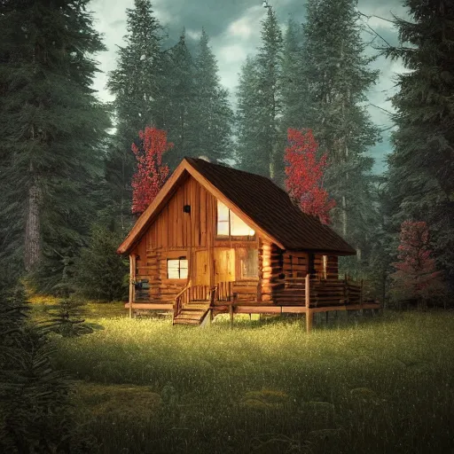 Image similar to a cabin in the woods, octane render