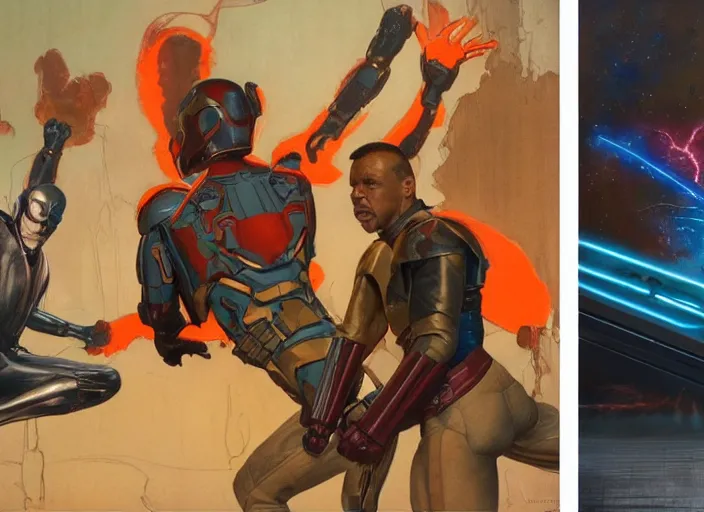 Image similar to a still from the movie avengers : infinty war and a still from the movie starwars of francis bacon and norman rockwell and james jean, and mark brooks, triadic color scheme, by greg rutkowski, syd mead and edward hopper and norman rockwell and beksinski, dark surrealism, orange and turquoise