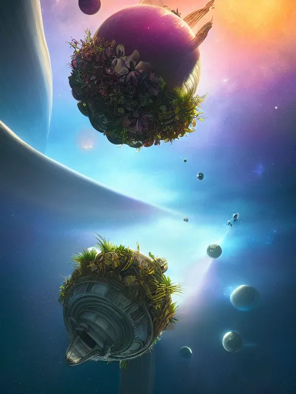 Prompt: round epic coconut spaceship floating in deep space in full of many orchids flowers, galaxy, nebula, epic, style of moebius, vincent di fate, michael whelan, mucha, volumetric light, mega detailed, unreal engine 5, still from interstellar movie, beautiful composition, beautiful lighting