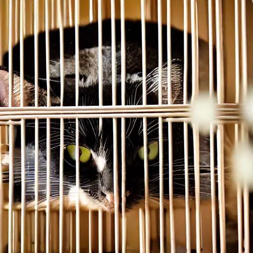 Prompt: cats in a cage in kitchen,