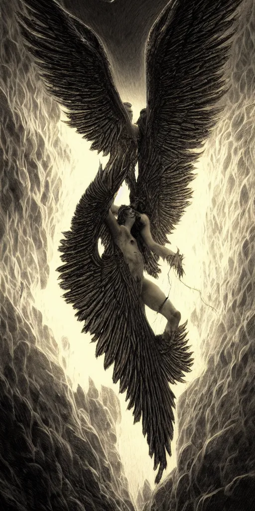 Image similar to burning wings of lucifer falling from the heavens, elegant, beautiful, engraving, concept art, elden ring, illustration, smooth, sharp focus, by gustave dore and greg rutkowski, hyper realistic, ephemeral, dramatic lighting, fantasy art, in the style of midjourney, intricate, alphonse mucha, hyper detailed