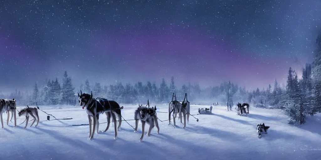 Image similar to a winter scene at night, northern lights, dog sled team, matte painting, high quality, trending on artstation