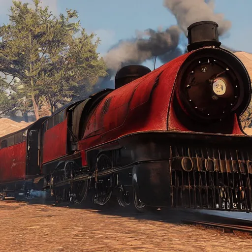 Image similar to futuristic sleek steam locomotive in red dead redemption 2