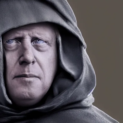 Image similar to A photo of ((Boris Johnson)) as Emperor Palpatine, hooded, ashy, cinematic lighting