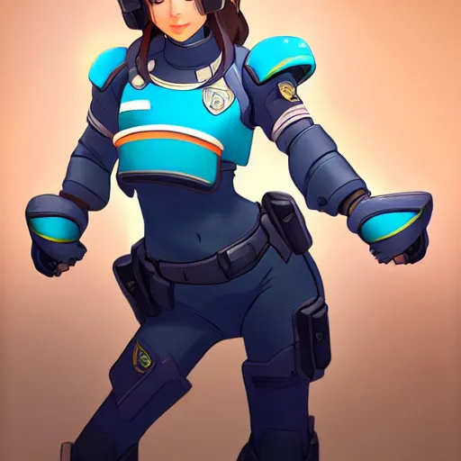 Image similar to D.VA from Overwatch wearing a police uniform, holding handcuffs in one hand Blizzard Concept Art Studio Ghibli. oil paint. 4k. by brom.