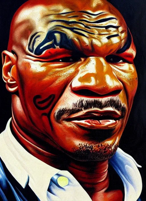 Image similar to oil portrait of mike tyson : : evocative of lurid, grisly, disgusting picture of dorian grey : : painted by chicago painter ivan albright in 1 9 4 5