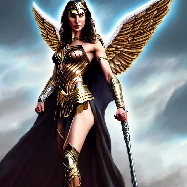 Image similar to full likeness of gal gadot as a beautiful angel warrior queen in ornate robes, highly detailed, 8 k, hdr, award - winning, trending on artstation, clayton crain