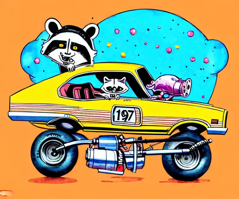 Image similar to cute and funny, racoon wearing a helmet riding in a tiny 1 9 7 4 mercury cougar funny car, ratfink style by ed roth, centered award winning watercolor pen illustration, isometric illustration by chihiro iwasaki, edited by range murata