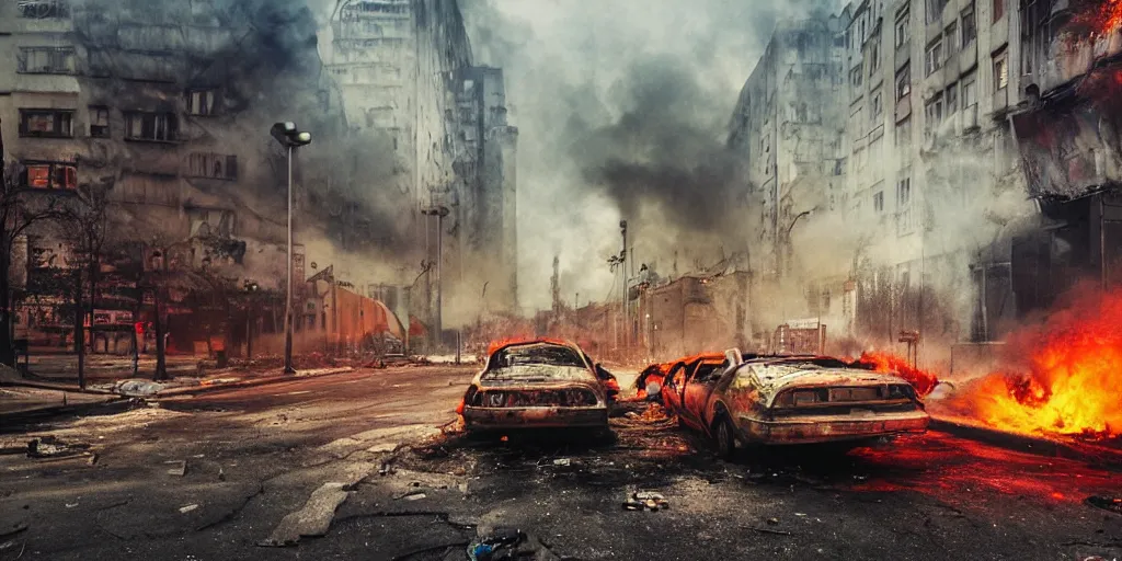 Image similar to post - apocalyptic kreuzberg streets, burned cars, explosions, colorful smoke, hyperrealistic, gritty, damaged, dark, urban photography, photorealistic, high details