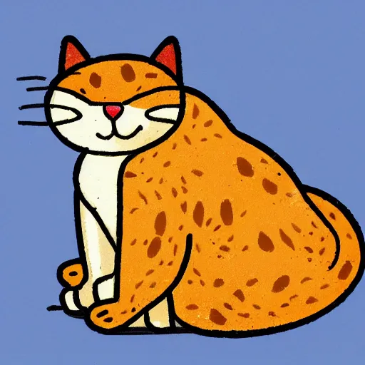 Image similar to obese cat sitting next to a slice of toast with indomie mi goreng noodles on top, traditional artstyle
