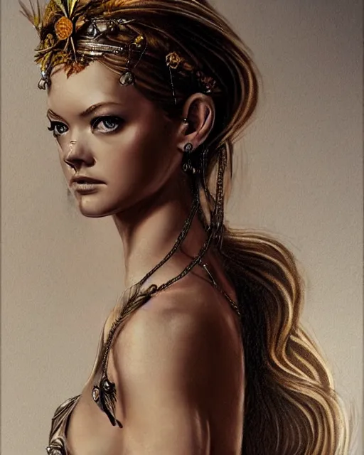 Prompt: realism tattoo sketch of lindsay ellingson as a beautiful greek goddess aphrodite with piercing eyes wearing a laurel wreath and triangle earrings, in the style of greg rutkowski, amazing detail