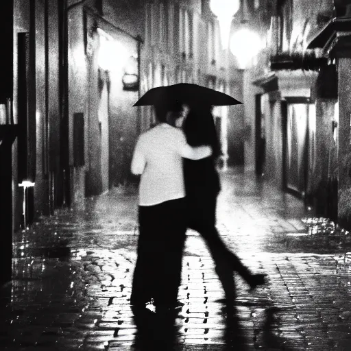 Image similar to an emotional picture of two shadowy figures hugging each other at night in an ally, it is raining heavily, 35mm, motion blur, long exposure, there is traffic