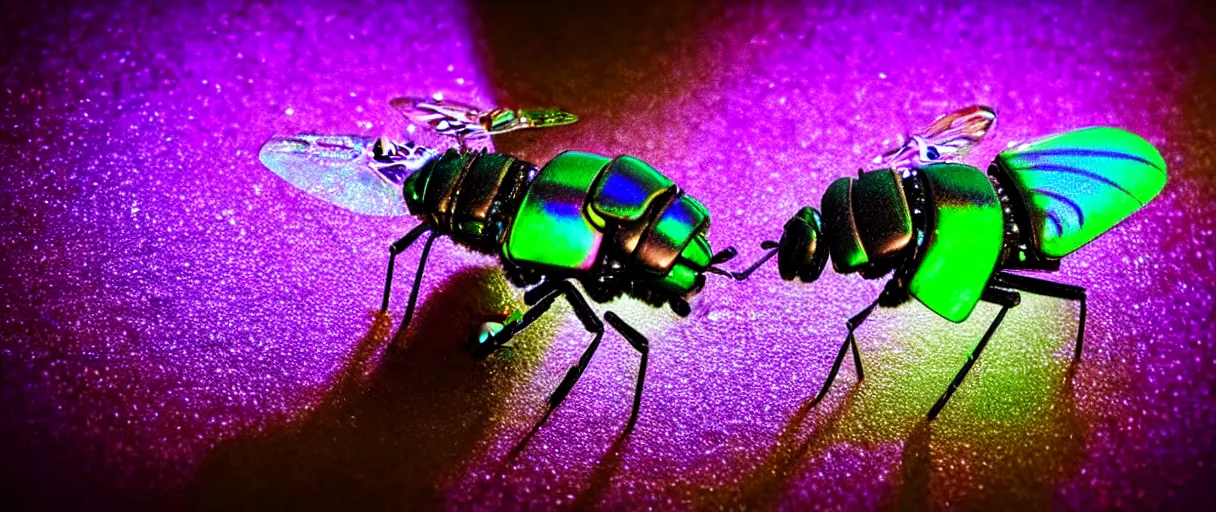 Image similar to high quality macro photo iridescent cyborg fly! jeweled very beautiful! highly detailed digital art david ligare elson peter cinematic purple neon lighting high quality low angle hd 8k sharp shallow depth of field