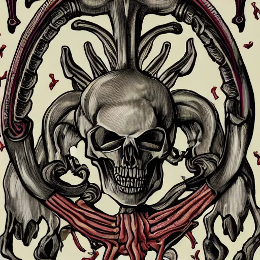 Image similar to an old coats of arms with bones, xenomorphic skulls,veins and nerves