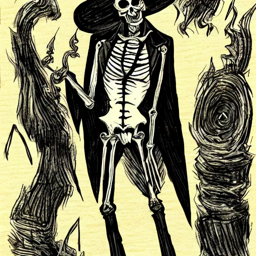 Prompt: DND character, skeleton, Tall skeletal figure, wearing a deep black suit and tie and top hat. golden cane in his right. Light blue flames envelop his whole body