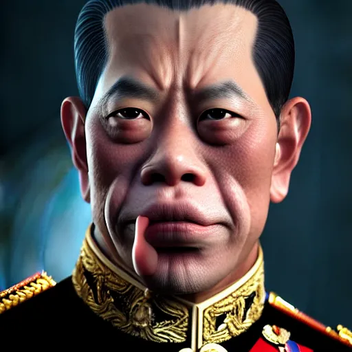 Image similar to a portrait of King Vajiralongkorn picking his nose, realistic face, grimdark extremely detailed fantasy art by Gerald Brom, octane render