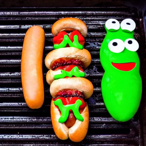 Prompt: hot dogs on a grill, with the ends of the hot dogs having the face of pepe the frog