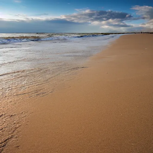 Image similar to footprints in sand at the beach, gentle waves, calm light, footprint path, light sand, distant clouds, photography award, leading lines