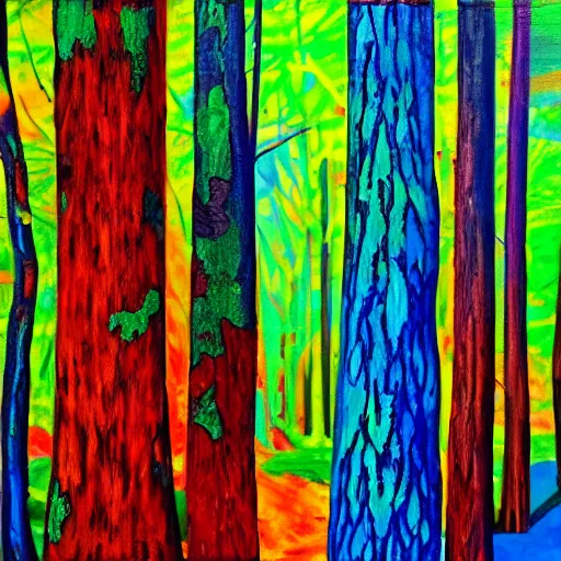 Prompt: paint of acrylic dripped forest with green, blue, red tree trunks. acrylic on canvas, postmodern, impressionist
