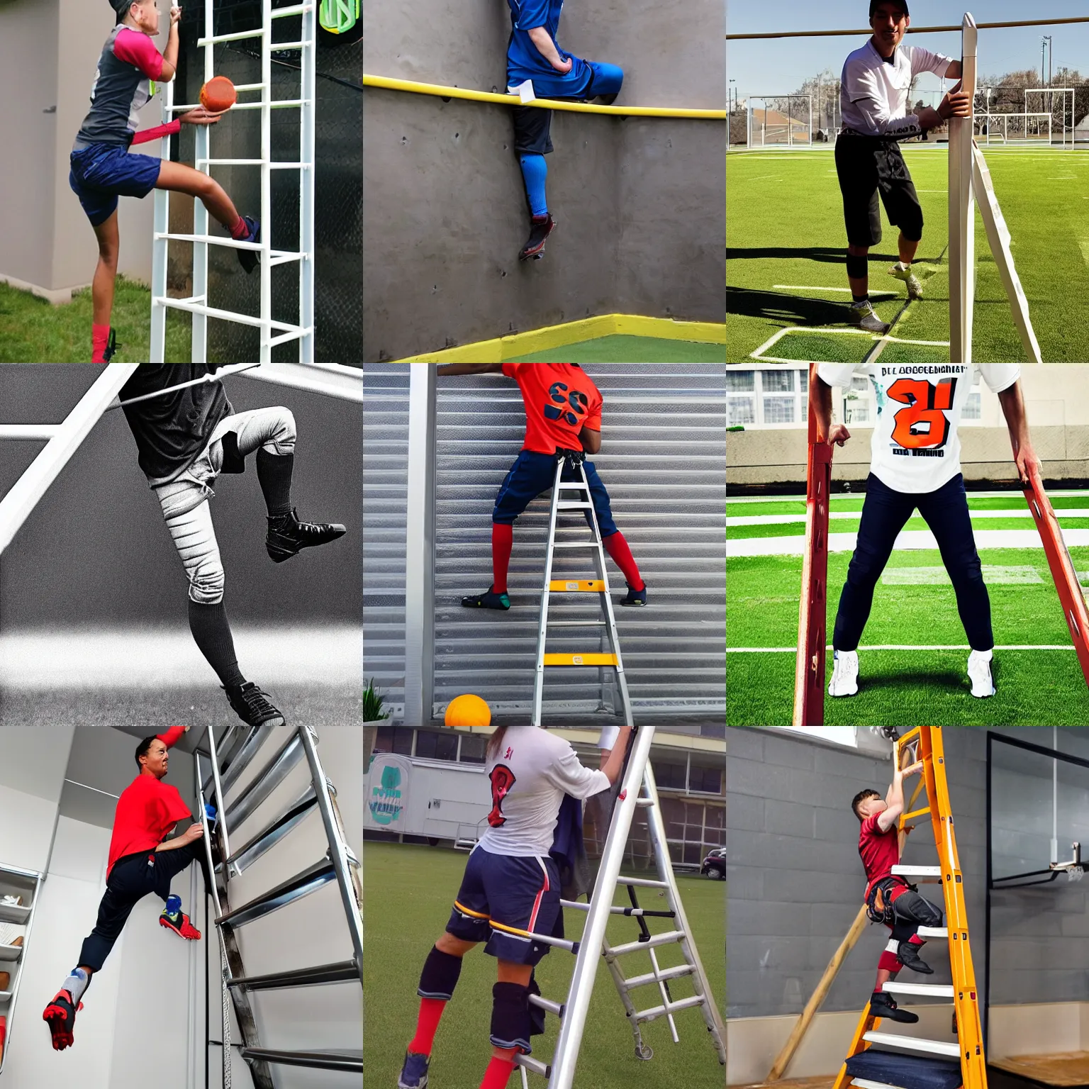 Prompt: professional foodball player in full uniform climbing a ladder