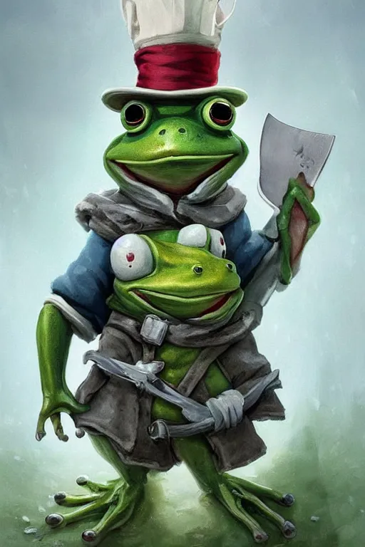 Image similar to cute anthropomorphic frog wearing a white butcher coat with a white butcher hat and holding a cleaver knife ,tiny, small, miniature frog, baby animal, short, pale blue armor, cute and adorable, pretty, beautiful, DnD character art portrait, matte fantasy painting, cgsociety Artstation, by Jason Felix by Steve Argyle by Tyler Jacobson by Peter Mohrbacher, cinematic lighting