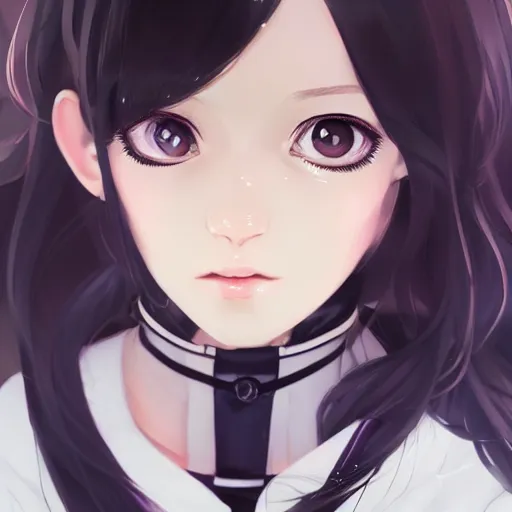 Image similar to portrait of brunette girl wearing maid uniform by ilya kuvshinov and anna dittmann and studio ghibli and wlop and rossdraws, digital art, trending on artstation, anime arts, featured on pixiv, purple lighting, hd, 8 k, highly detailed, good lighting, beautiful, epic, masterpiece, nazi chiq