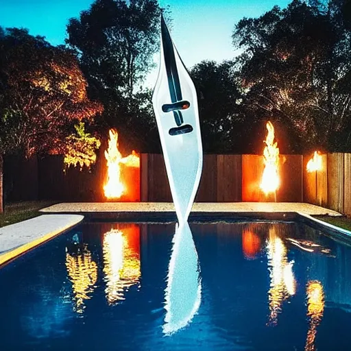 Image similar to “a flaming, glowing and burning claymore sword 🗡 floating in a suburban backyard pool, in the middle of the night, deepest darkest midnight. Photograph. Flash photograph. Cursed image. Found photograph.”