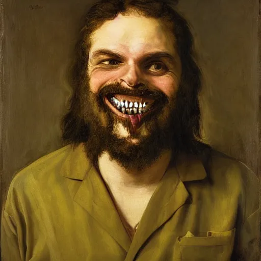 Image similar to dentist portrait of a dentist with large, giant teeth, rotten teeth, yellow, broken, cavities, moldy by Mark Brooks and Gustave Courbet