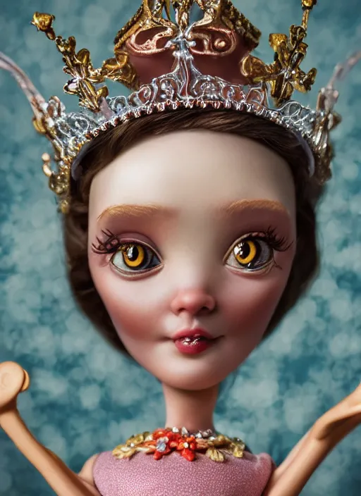 Image similar to closeup face profile portrait of a tin toy fairytale princess wearing a crown eating cakes, bikini, depth of field, zeiss lens, detailed, symmetrical, centered, fashion photoshoot, by nicoletta ceccoli, mark ryden, lostfish, breathtaking, 8 k resolution, extremely detailed, beautiful, establishing shot, artistic, hyperrealistic, octane render