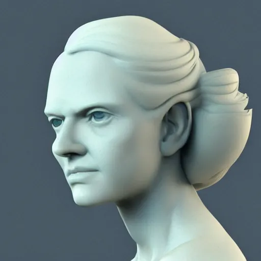Prompt: 3 / 4 view androgynous bust sculpture made of marble with long flowing wig made of clear blue glass, rendered in cinema 4 d, sharp focus