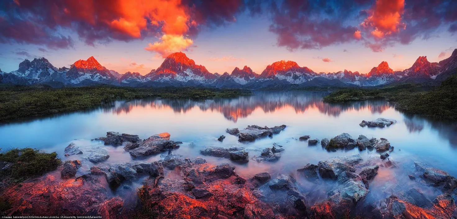 Image similar to amazing landscape photo of mountains with lake in sunset by marc adamus, beautiful dramatic lighting